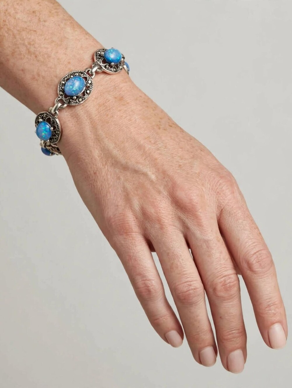 Stunning Blue Opal inlay In Sterling Silver Link Bracelet with Marcasite Link